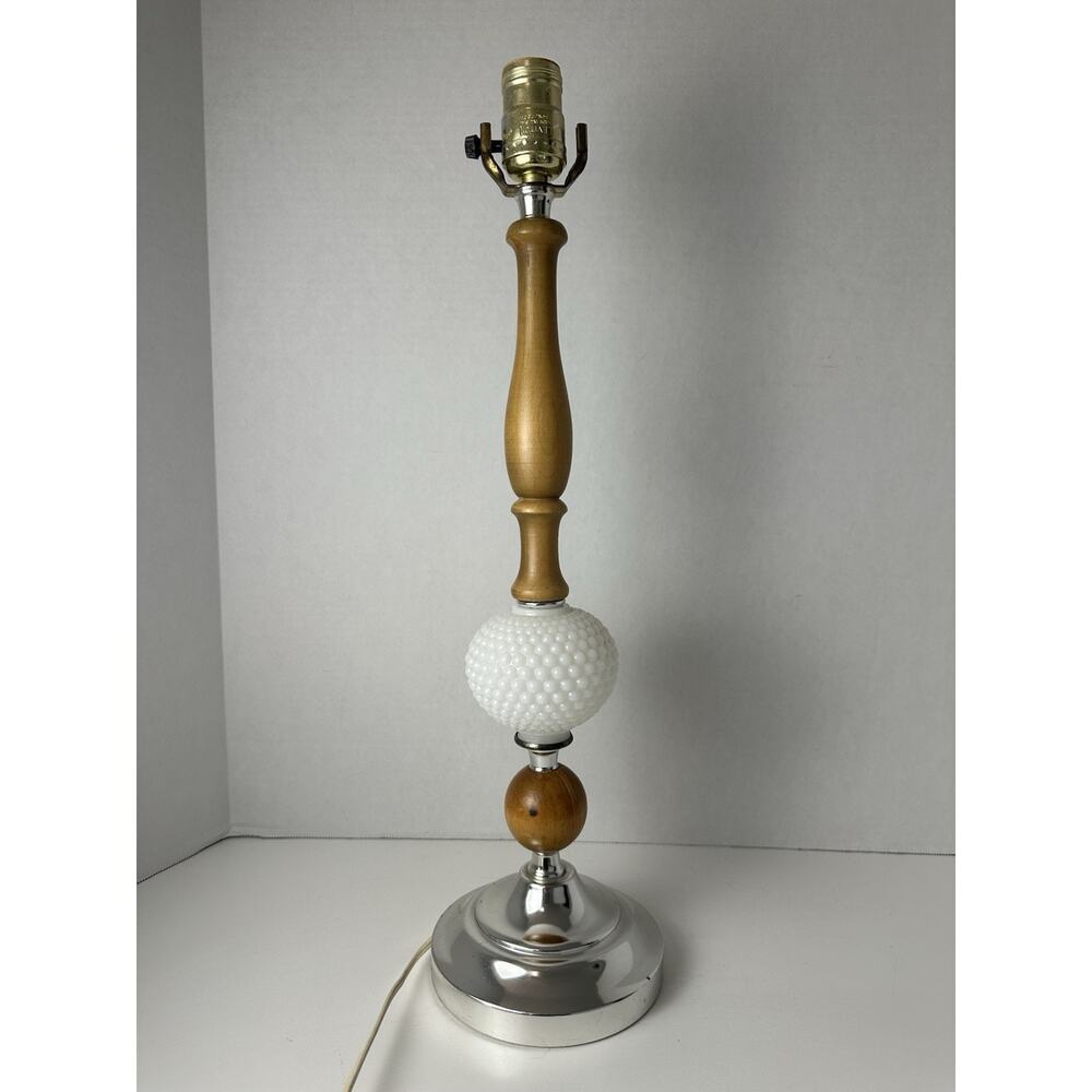 Vintage Mid Century Modern White Milk Glass Hobnail & Wooden Table Lamp